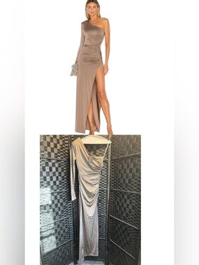 Michael Costello X Revolve One-Shoulder Ruched Gilly Evening Dress in Taupe